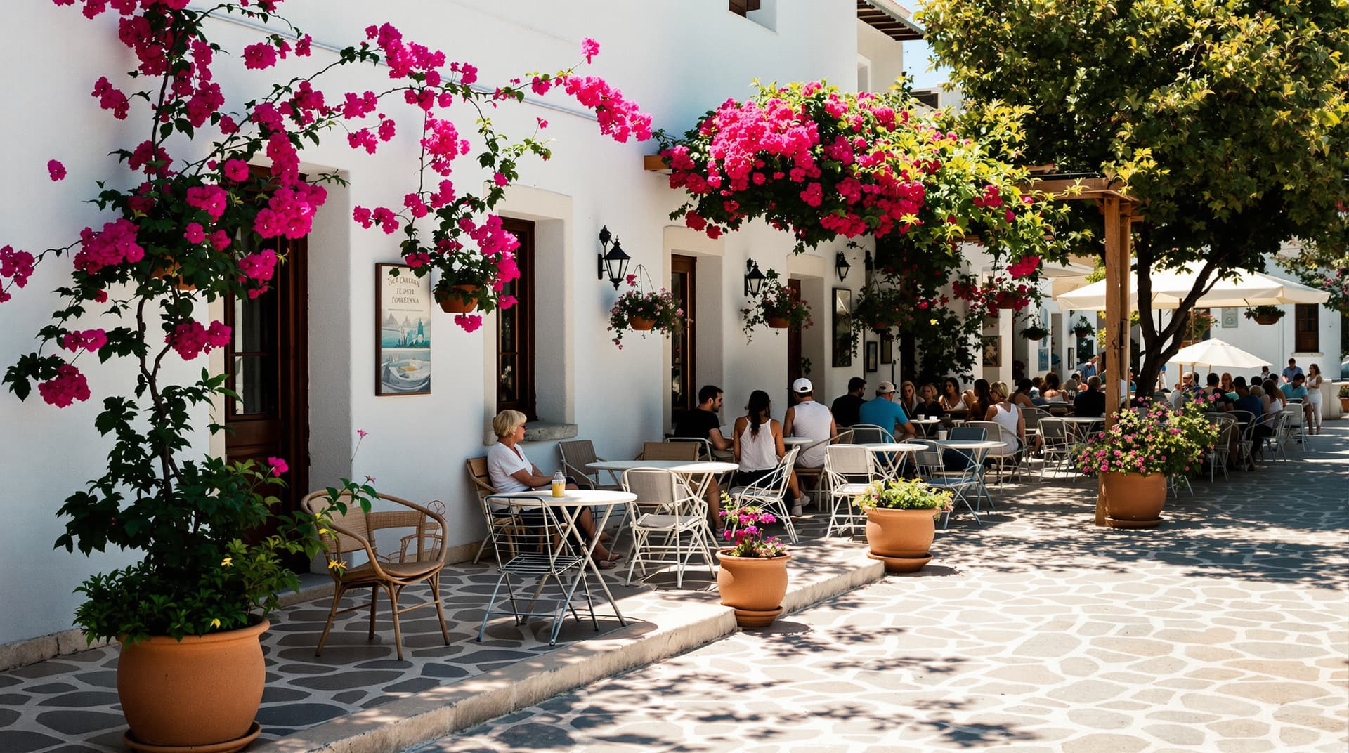 Busy Cyprus taverna terrace at midday with guests dining under a wooden pergola, bougainvillea and Mediterranean afternoon light