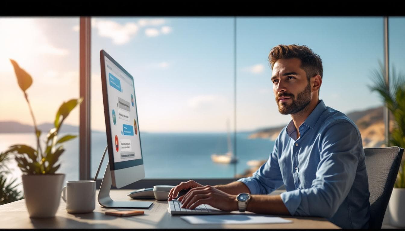 Cyprus business owner at a coastal office desk managing multilingual customer messages on screen, Mediterranean sea view, professional setting