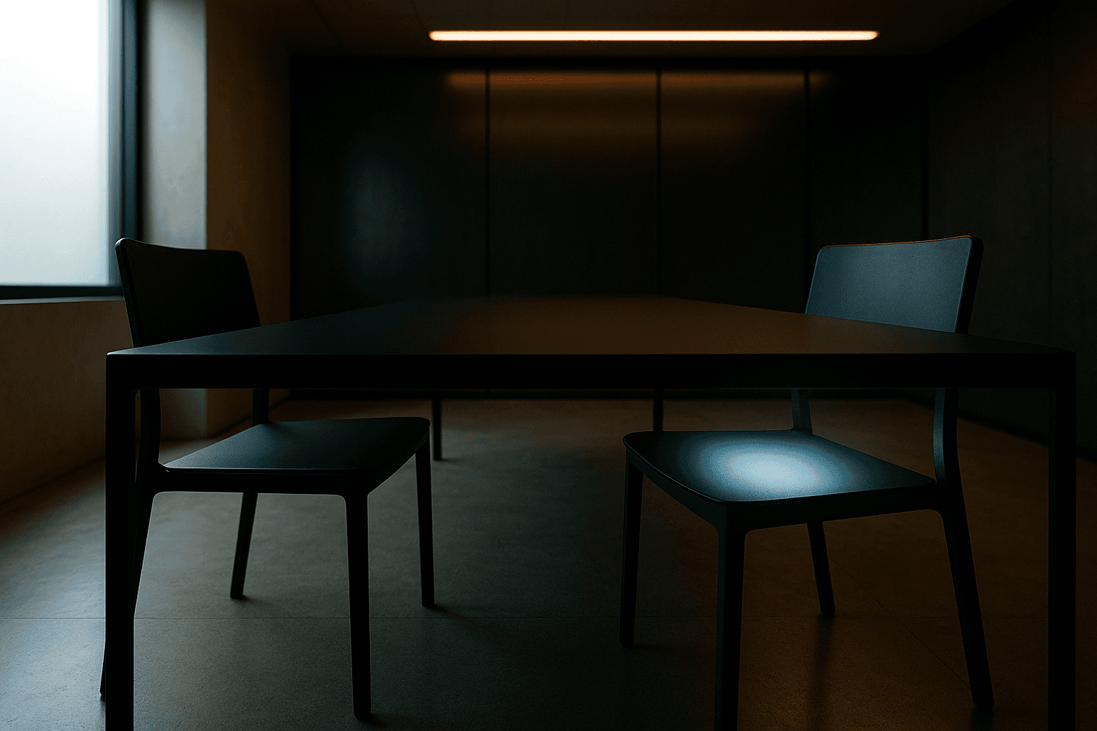 Two modern chairs face each other across a matte black table in a sleek boardroom, with warm ceiling light and cool window glow — one seat empty, one with a faint digital luminescence.
