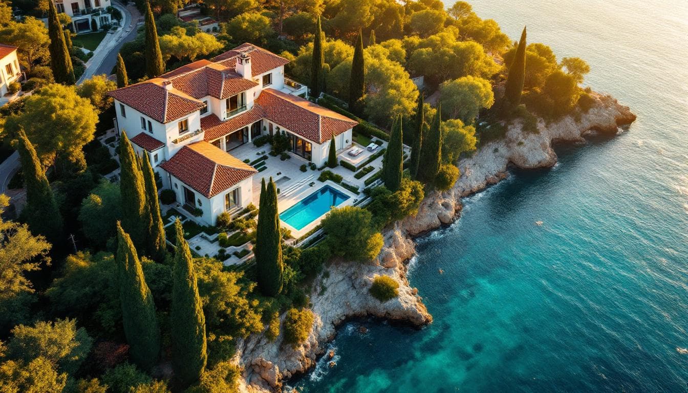 Aerial view of a luxury Mediterranean villa with pool overlooking a turquoise coastline, Cyprus.