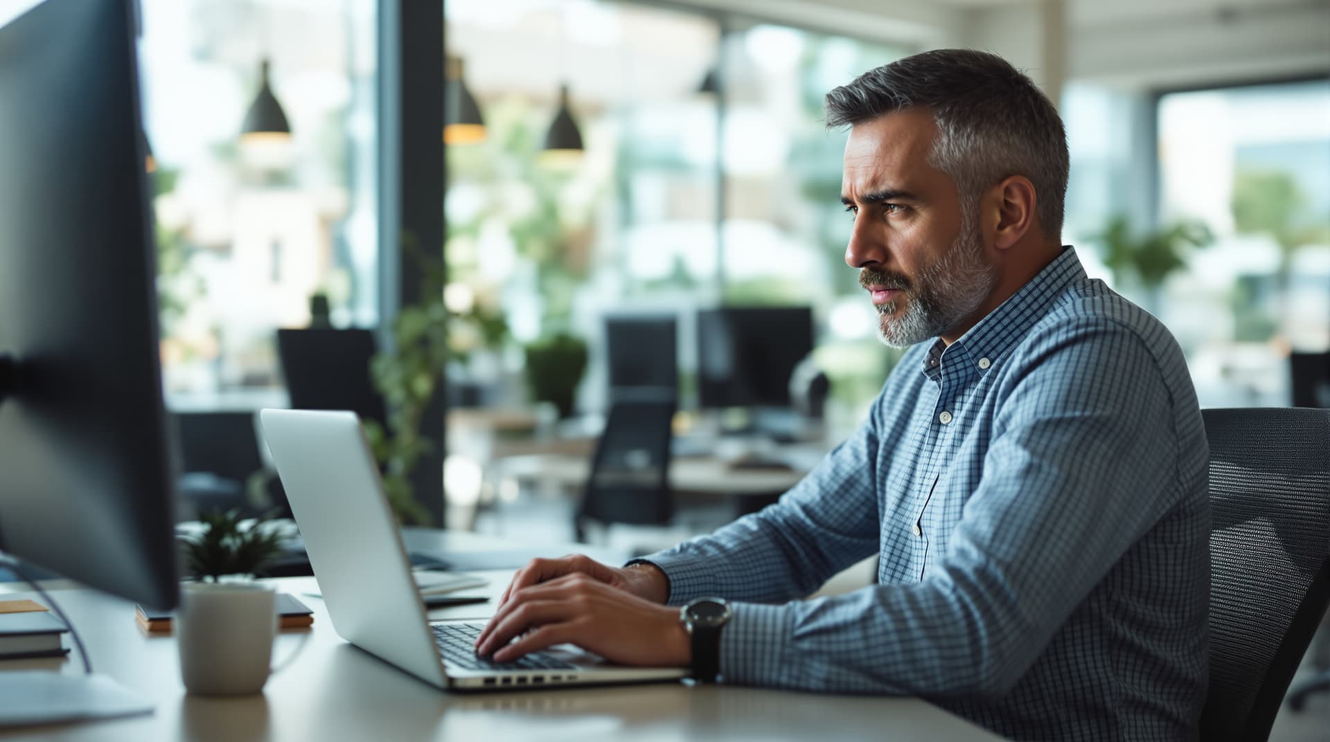 Cyprus business owner reading news on a laptop in a modern office, concerned expression, natural daylight through window