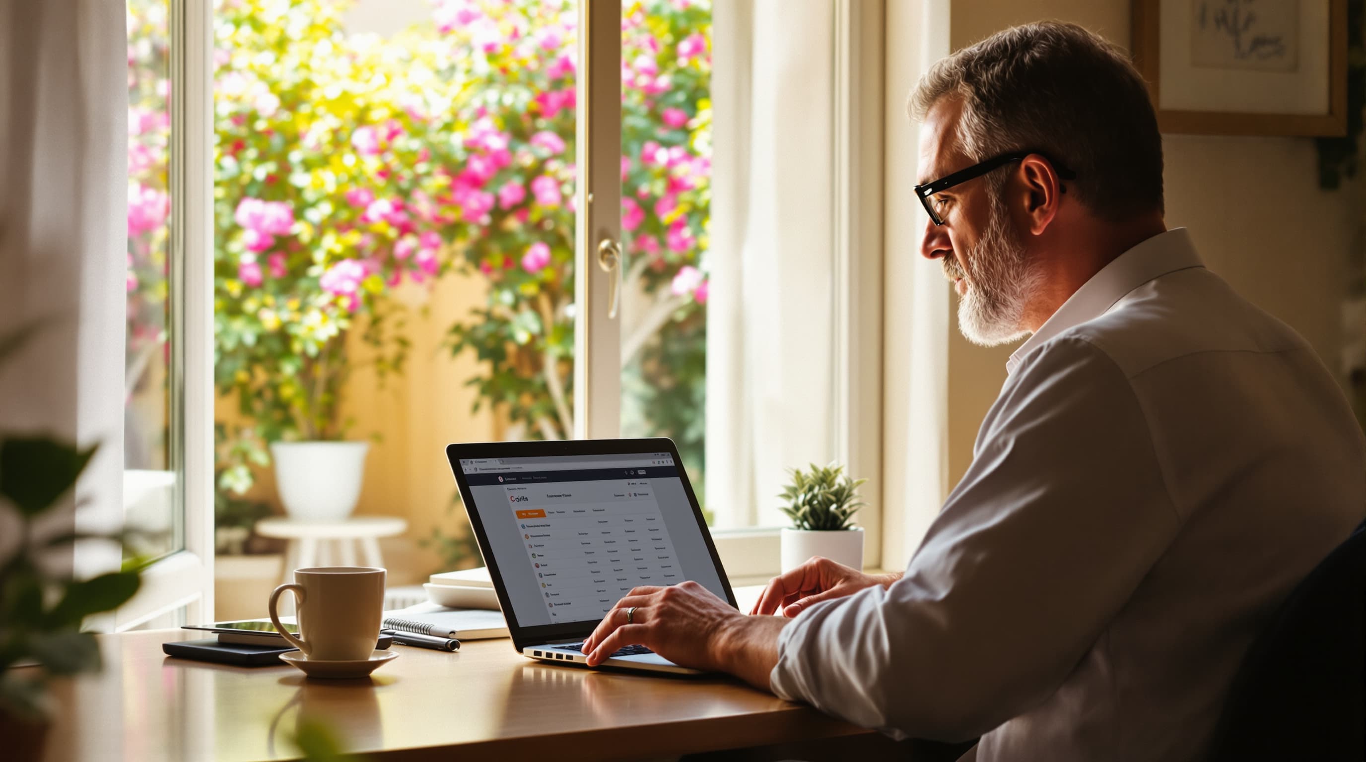 Cyprus business owner reviewing customer call logs on a laptop in a sunlit office, Mediterranean courtyard visible through window