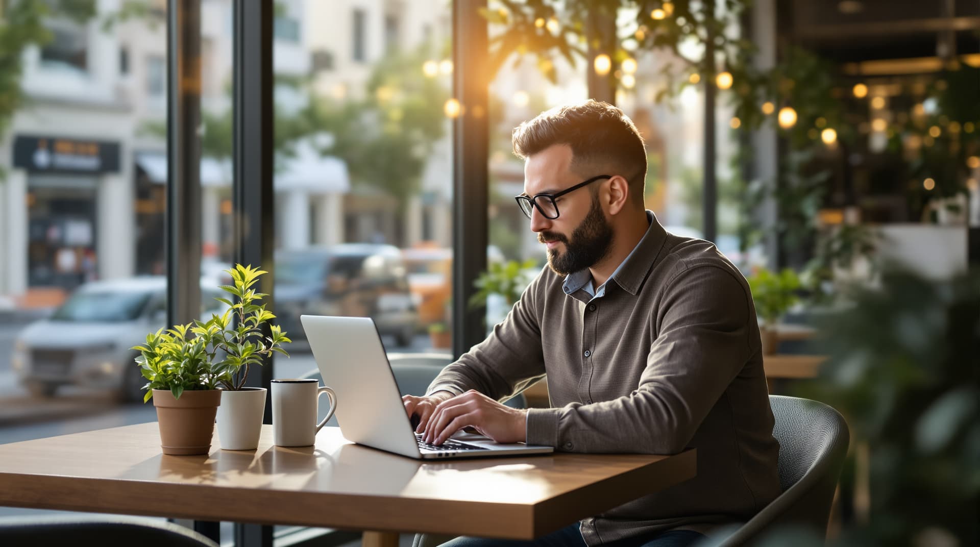 Cyprus business owner reviewing AI automation dashboard on laptop in modern office, natural light