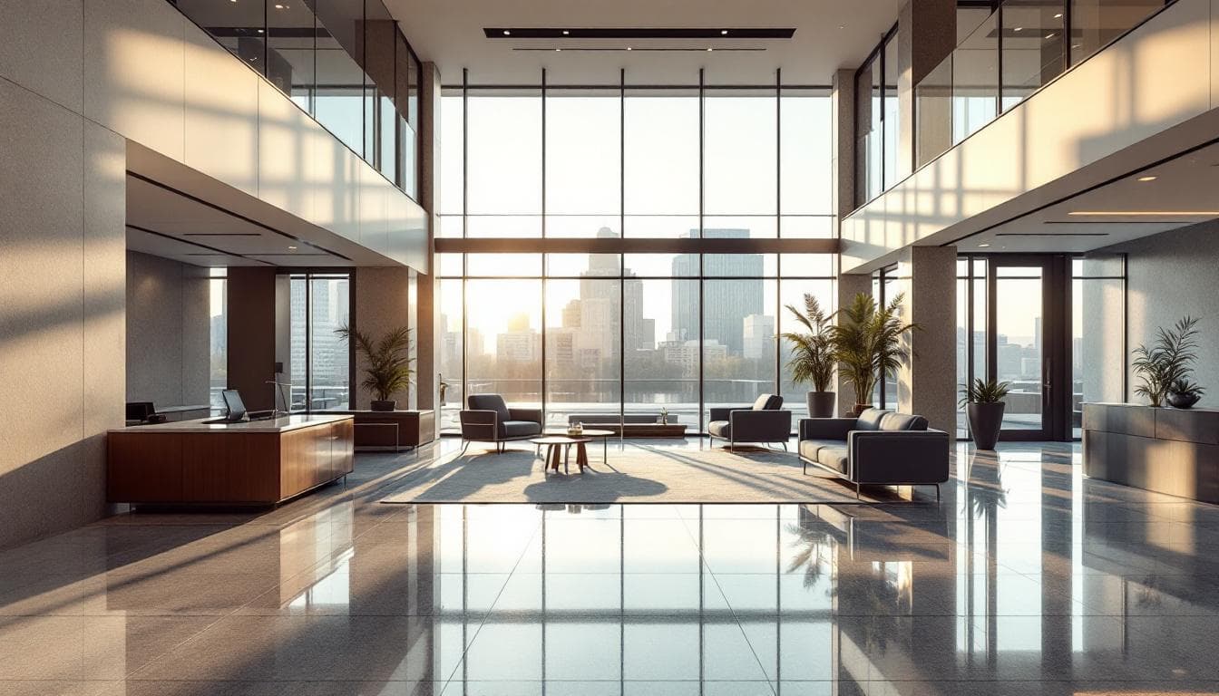 A modern European corporate office interior with floor-to-ceiling glass, polished stone floors, and a city skyline in warm afternoon light.