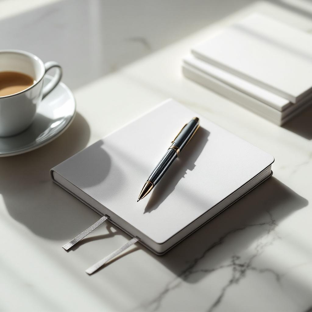 A clean desk with a blank notebook, pen resting across it, and a coffee cup on a marble surface in cool natural light.