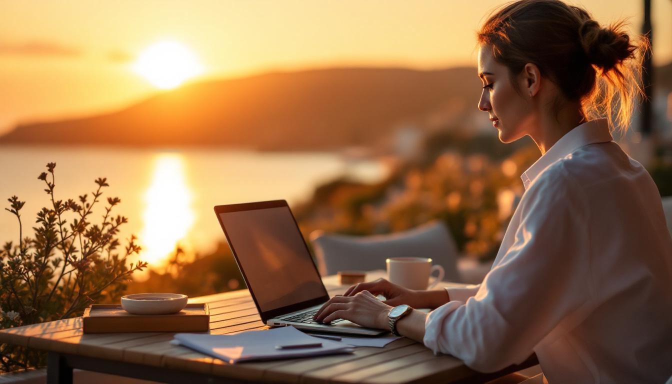 Professional at a Cyprus beachside villa terrace using a laptop to manage multilingual customer enquiries at sunset, Mediterranean sea view