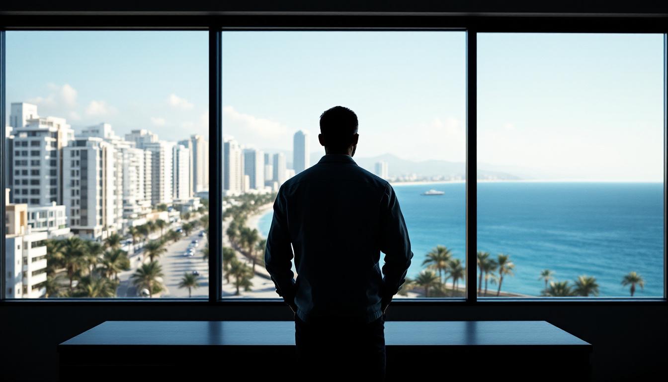 A business professional stands at a floor-to-ceiling window overlooking a Mediterranean city.