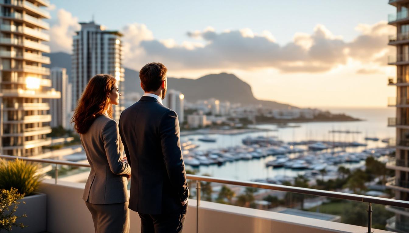 Business professionals overlooking a Mediterranean harbour city from a rooftop terrace, discussing commercial property investment
