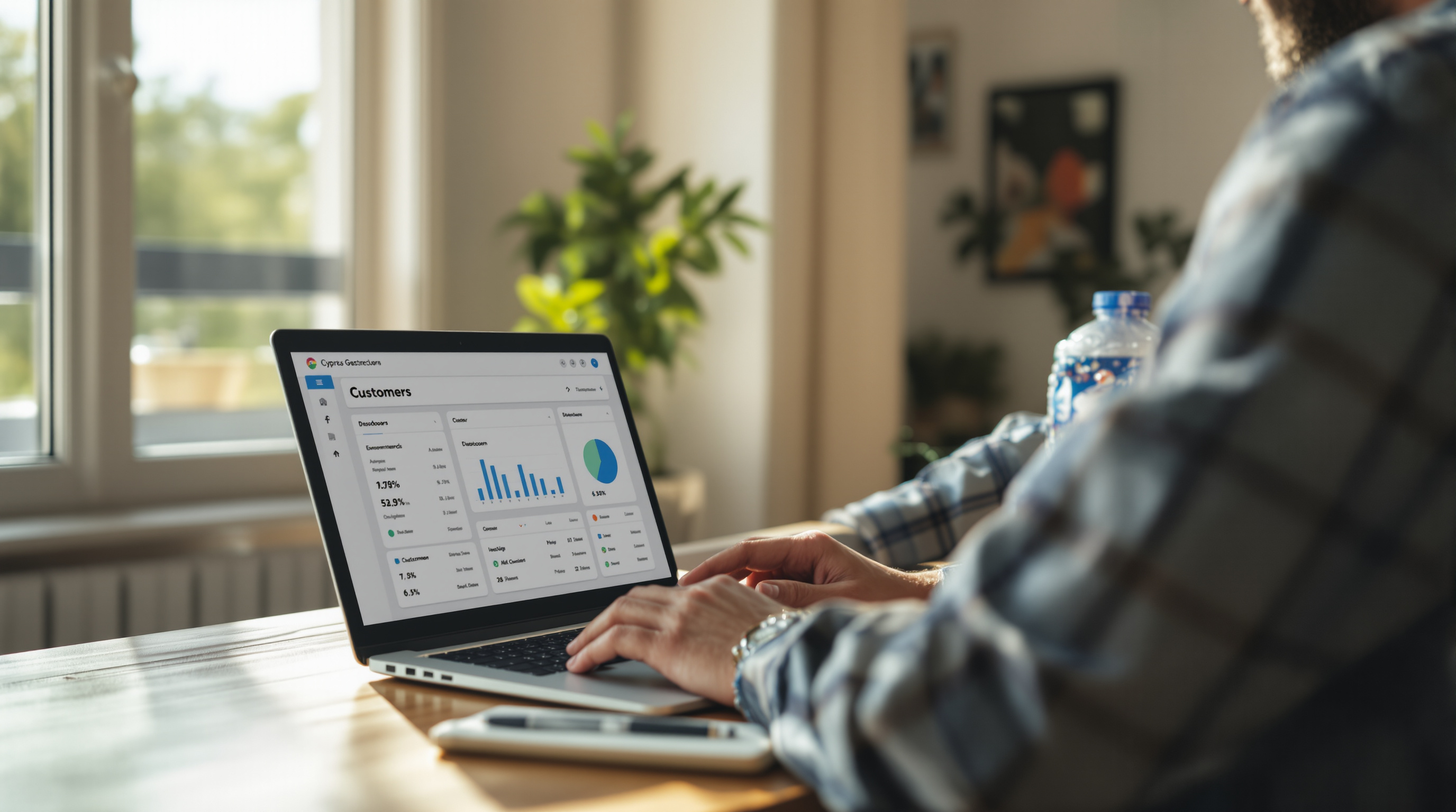 Cyprus business owner reviewing AI-powered customer management tools on a laptop at their office desk