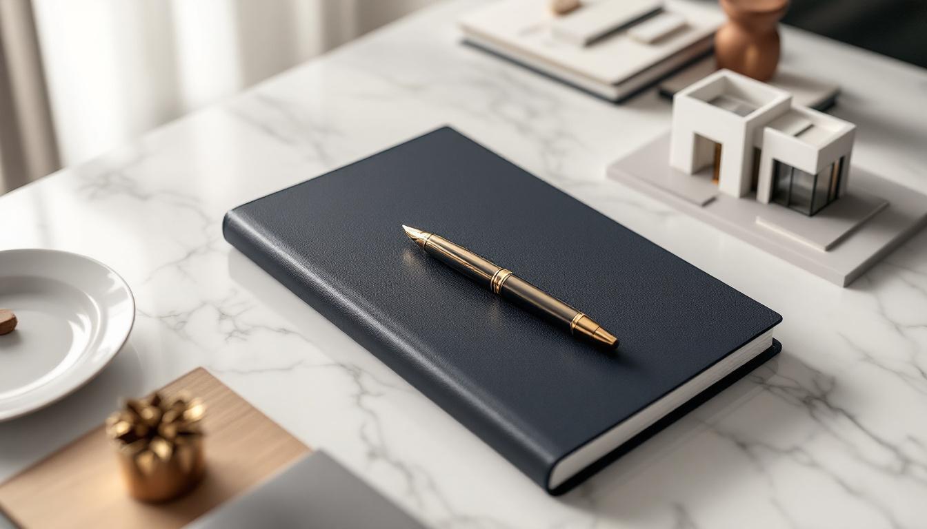 Luxury desk still life with leather notebook and gold pen on marble surface, representing property investment planning.