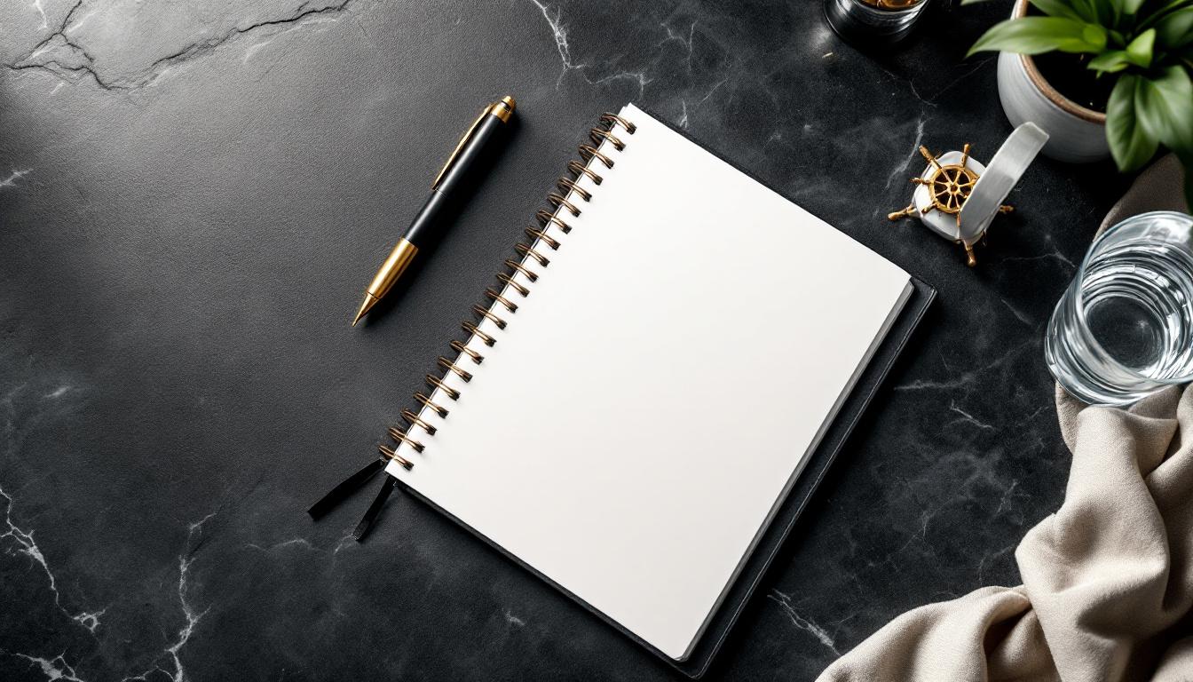 Minimalist business desk still life on dark stone surface with leather notebook, gold pen, and maritime ornament