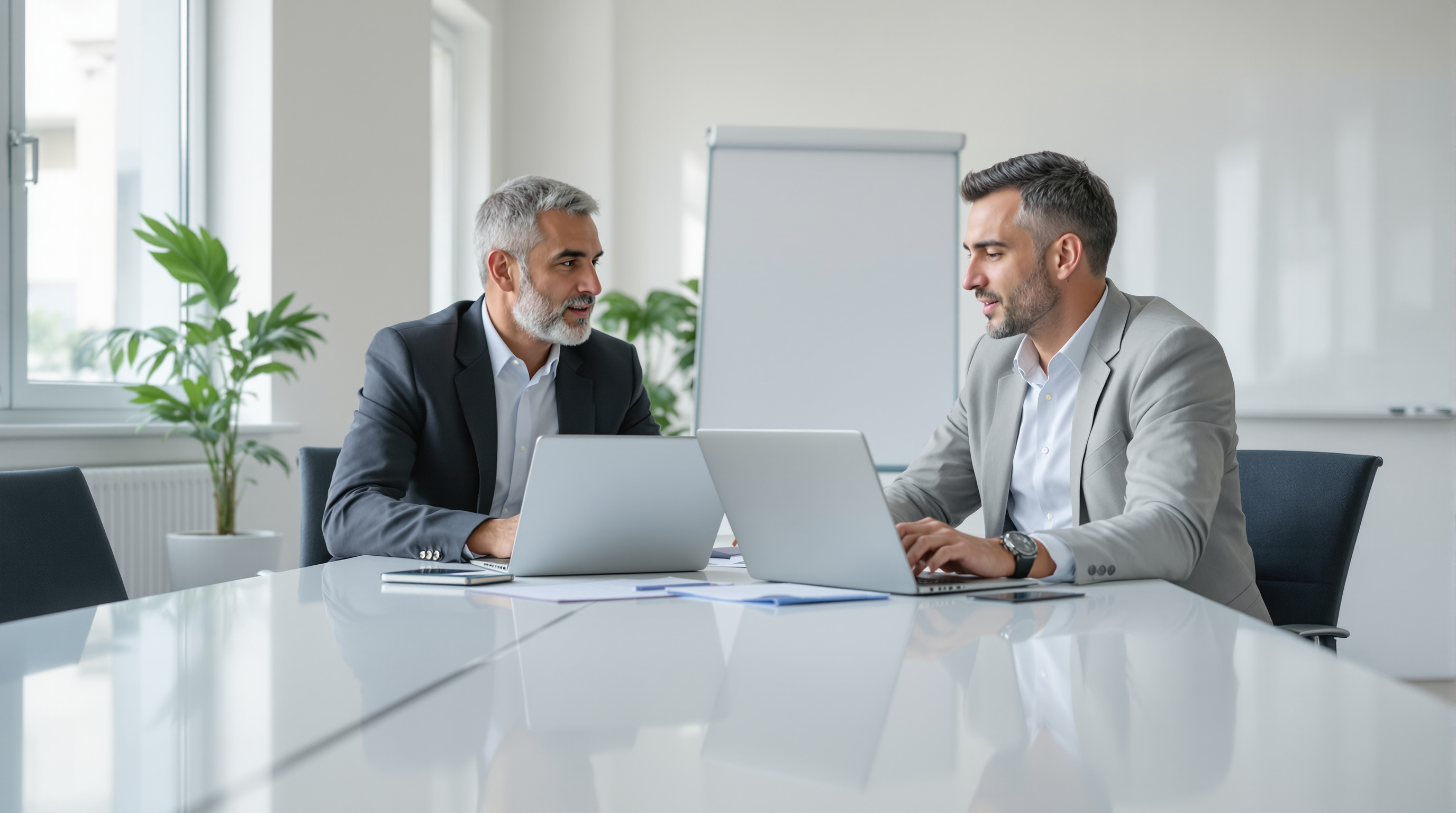 Two Cyprus business owners in a modern office meeting room discussing AI implementation plans on laptops, natural daylight, candid documentary photograph