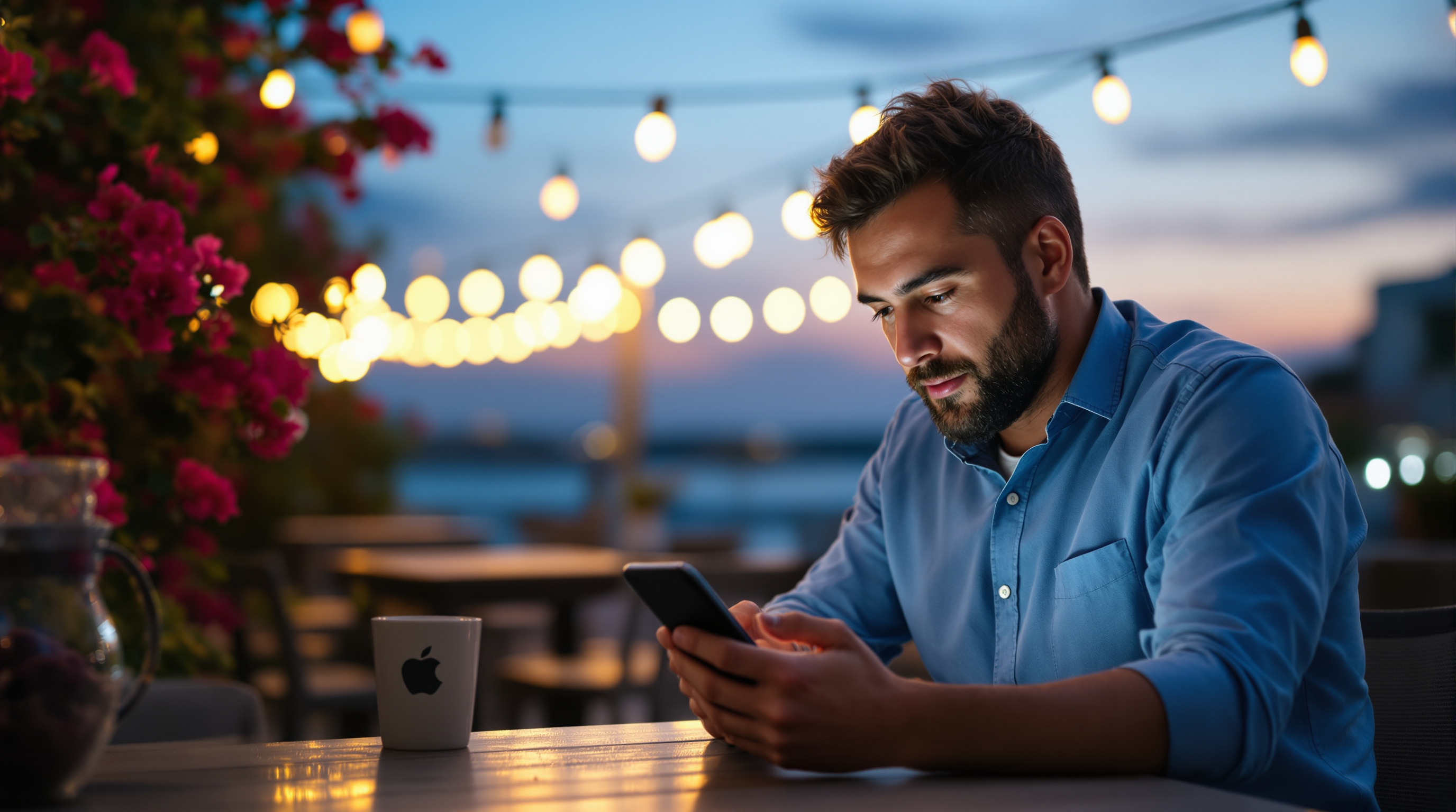 Small business owner in Cyprus checking messages on phone at outdoor cafe, late evening, warm ambient lighting
