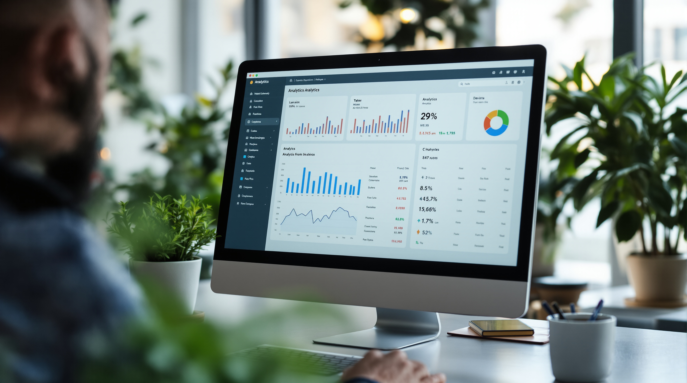 AI automation dashboard on a computer screen in a Cyprus office, professional setting, shallow depth of field, natural light