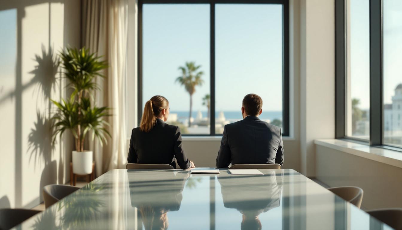 Two professionals discuss documents in a bright glass-fronted office with Mediterranean light behind them.