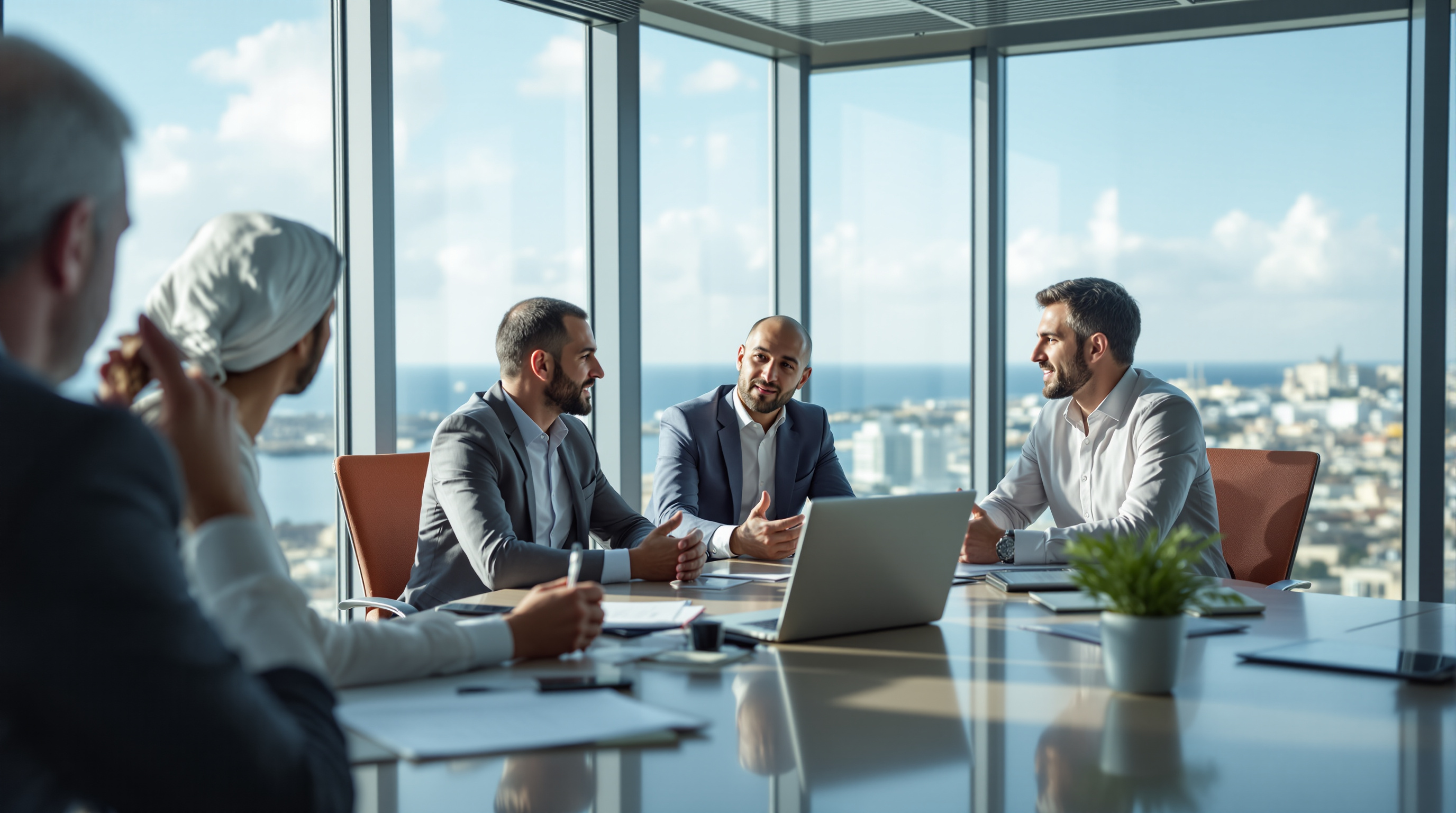 Multilingual business meeting in a modern Limassol office, diverse professionals engaged in discussion, natural daylight